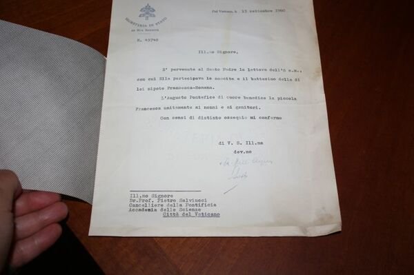 AUTOGRAFO SEGRETERIA VATICANA 15 SETTEMBRE 1960