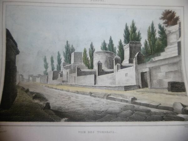 POMPEI TOMBE ETRUSCHE INCISIONE AQUARELLATA OTTOCENTESCA