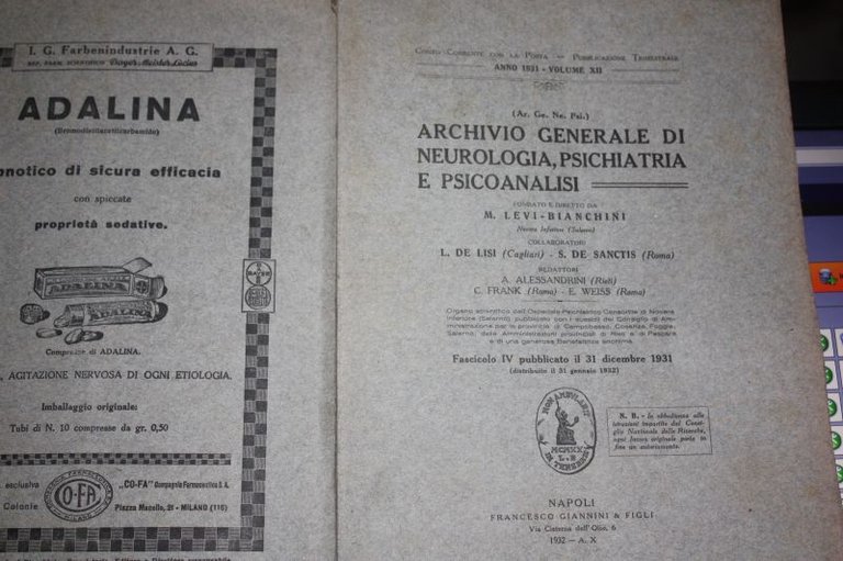 ARCHIVIO GENERALE DI NEUROLOGIA PSICHIATRIA E PSICOANALISI ANNO 1931 VOLUMEXII …