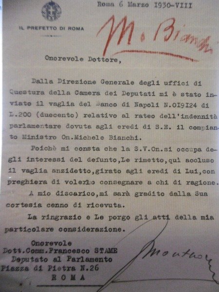 AUTOGRAFO MONTUORI PREFFTO DI ROMA 1930