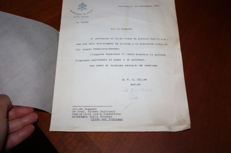 AUTOGRAFO SEGRETERIA VATICANA 15 SETTEMBRE 1960