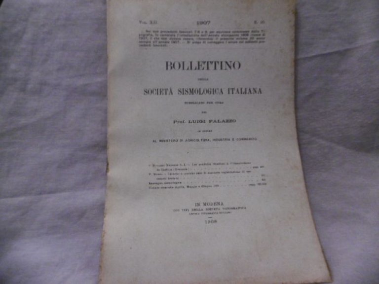 BOLLETTINO DELLA SOCIETA' SISMOLOGICA ITALIANA TERREMOTI 1905