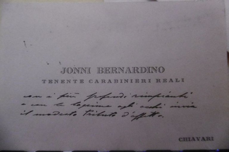 CHIAVARI BIGLIETTO VISITA 1900 JONNI BERBARDINO TENENTE CARABINIERI REALI