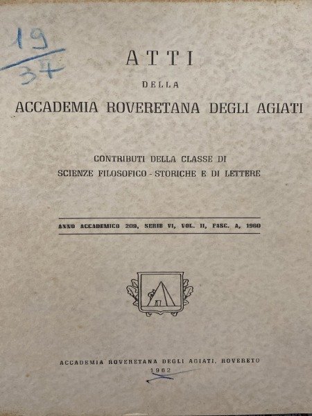 DON ANTONIO ROSSARO ATTI DELL'ACCADEMIA ROVERETANA DEGLI AGIATI 1962