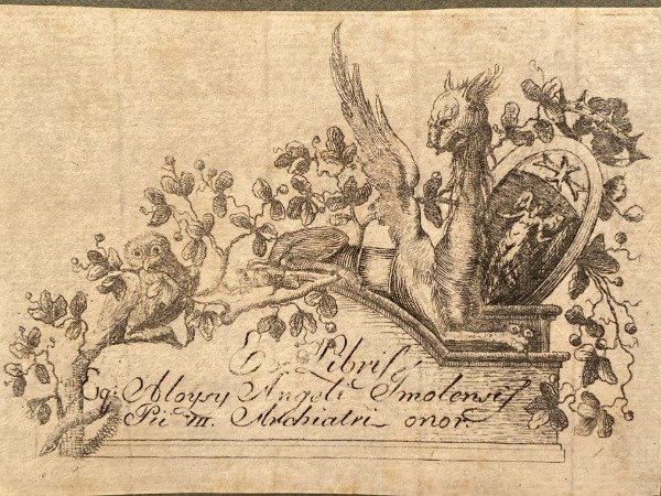EX LIBRIS INCISIONE ANTICA 1700 NATURA ALLEGORICA UCELLO VEGETAZIONE GRIFONE