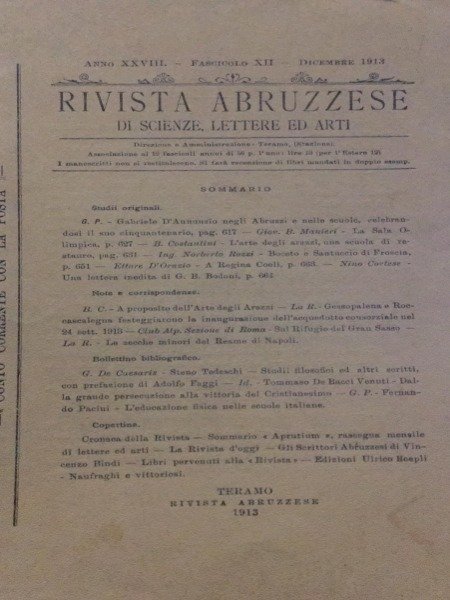 GABRIELE D'ANNUNZIO NEGLI ABRUZZI E NELLE SCUOLE RIVISTA FASCICOLO XII …