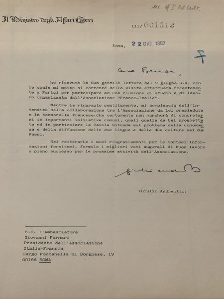 GIULIO ANDREOTTI LETTERA MINISTRO DEGLI AFFARI ESTERI 22 GIUGNO 1987 | Immagine Gallery 3