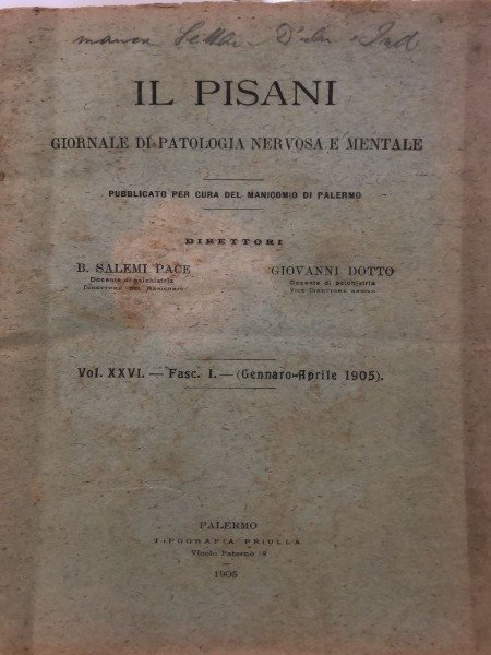 IL PISANI GIORNALE DI PATOLOGIA NERVOSA E MENTALE FASCICOLO 1 … | Immagine principale