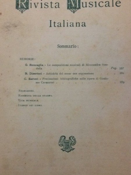 LE COMPOSIZIONI MUSICALI DI ALESSANDRO STRADELLA RIVISTA MUSICALE FACICOLO V …