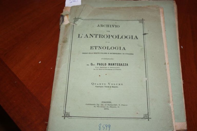 MICROCEFALO BOLIVIANO ARCHIVIO PER L'ANTROPOLOGIA E LA ETNOLOGIA MANTEGAZZA 1874