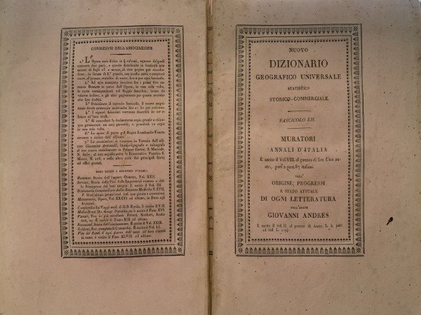 NUOVO DIZIONARIO GEOGRAFICO UNIVERSALE FASCICOLO LII MURATORI ANNALI D'ITALIA 1851 | Immagine principale