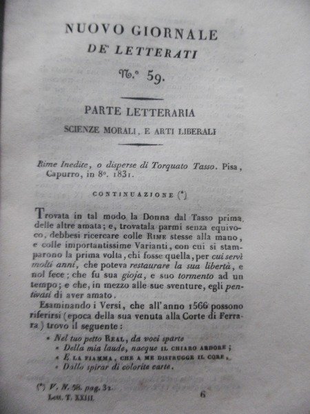 NUOVO GIORNALE DE LETTERATI N.59 1831 RIME INEDITE O DISPERSE …