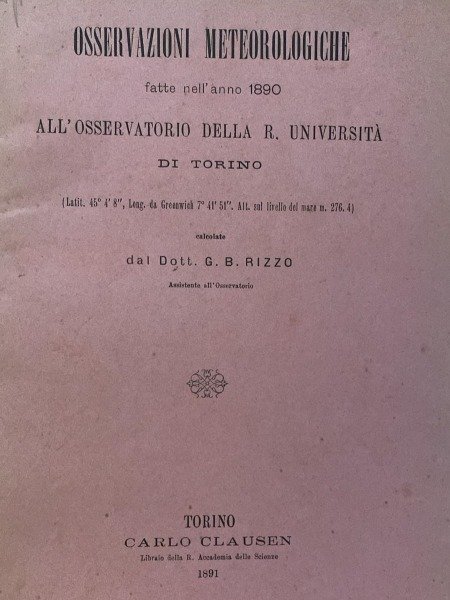 OSSERVAZIONI METEREOLOGICHE ANNO 1890 OSSERVATORIO R.UNIVERSITA DI TORINO