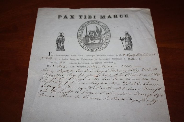 PAX TIBI MARCE 1876 DOCUMENTO ELLESIASTICO ANTICO