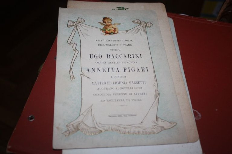 PUBBLICITA' DELLE FAUSTISSIME NOZZE UGO BACCARINI ANNETTA FIGARI RAVENNA 1885