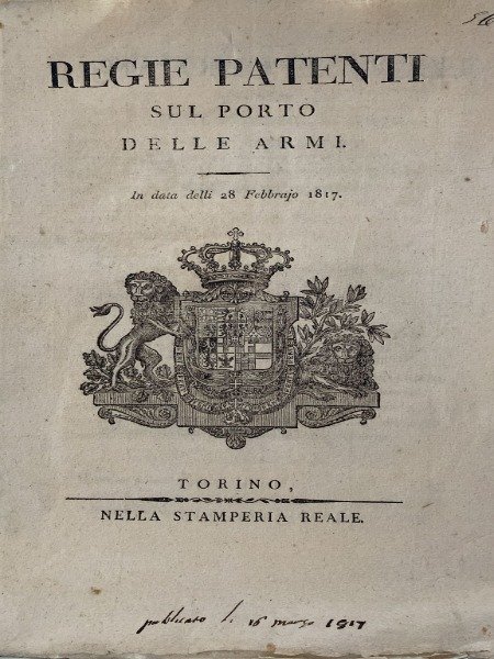 REGIE PATENTI SUL PORTO ARMI IN DATA 28 FEBBRAIO 1817 …