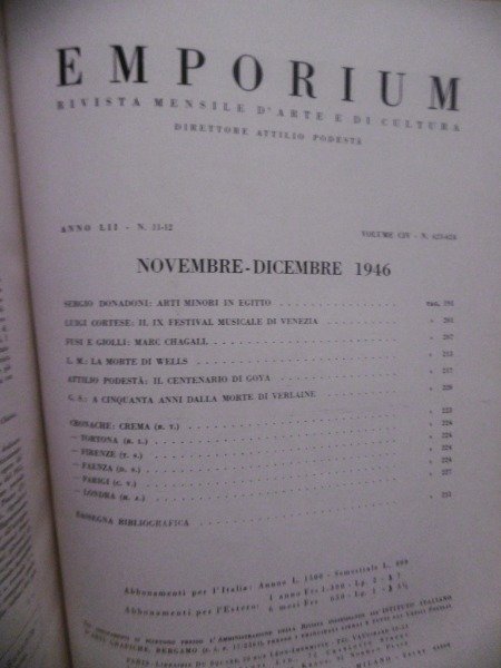 RIVISTA EMPORIUM RIVISTA MENSILE D'ARTE E DI CULTURA ANNATA 1946 …