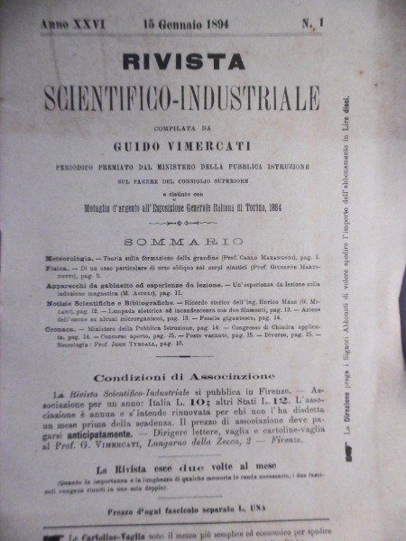 RIVISTA SCIENTIFCO INDUSTRAILE GUIDO VIMERCATI 1894 24 NUMERI ANNATA COMPLETA