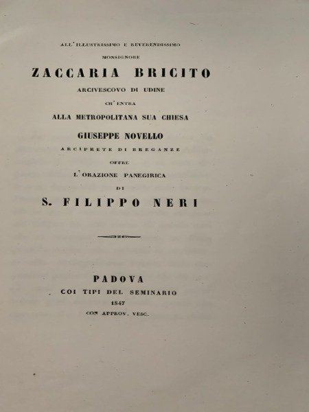 ZACCARIA BRICITO L'ORAZIONE PANEGIRICA DI S.FILIPPO NERI PADOVA COI TIPI … | Immagine Gallery 3