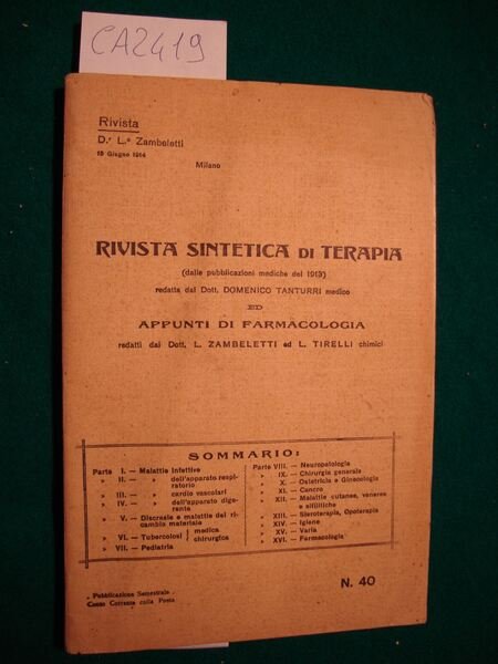 Rivista Sintetica di Terapia (dalle pubblicazioni mediche del 1913) ed …
