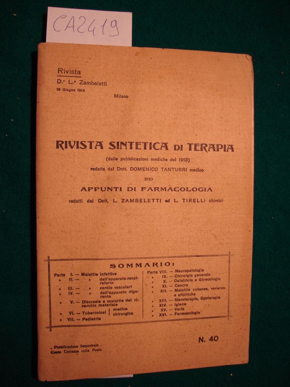 Rivista Sintetica di Terapia (dalle pubblicazioni mediche del 1913) ed …