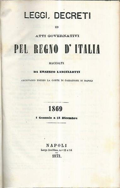 Leggi, decreti ed atti governativi pel Regno d'Italia. 1869 1 … | Immagine principale