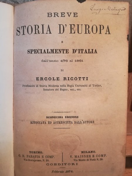 Breve storia d'Europa e specialmente d'Italia dall' anno 476 al …
