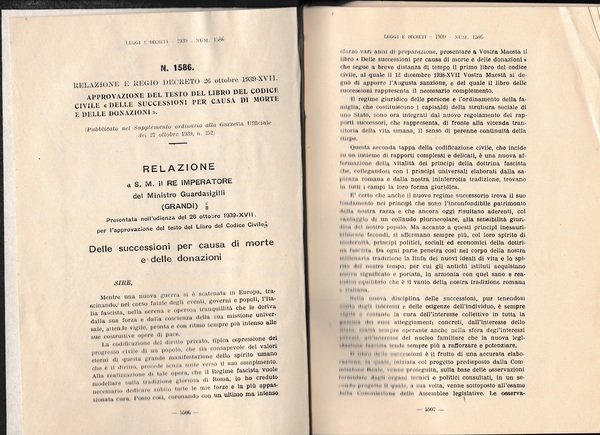 Relazione e regio decreto 26 Ott. 1939-XVII N. 1586 Delle successioni per causa di morte e delle donazioni
