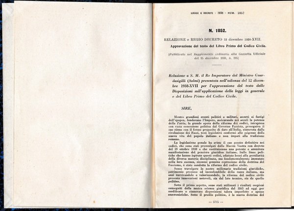 Relazione e Regio decreto 12 Dic. 1938-XVII N.1852