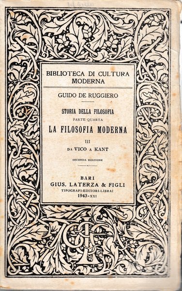 Storia della filosofia, parte IV^ la filosofia moderna vol. III^ da Vico a Kant.