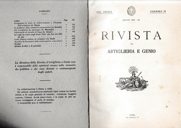 Rivista di Artiglieria e Genio. 70^ annata, fascicolo VI, Giugno …