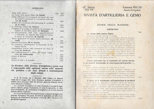 Rivista di Artiglieria e Genio. 67^ annata, fascicolo VIII-IX, Agosto-Settembre …