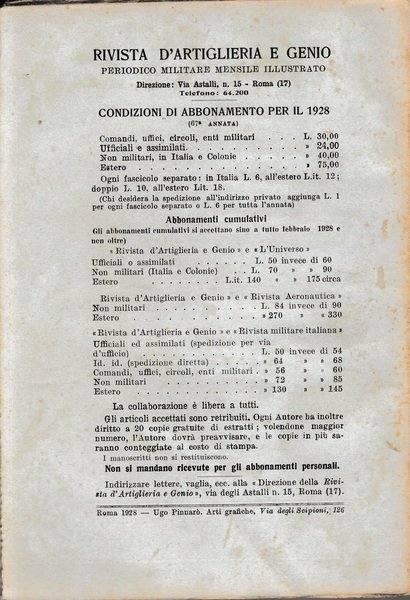 Rivista di Artiglieria e Genio. 67^ annata, fascicolo VIII-IX, Agosto-Settembre …