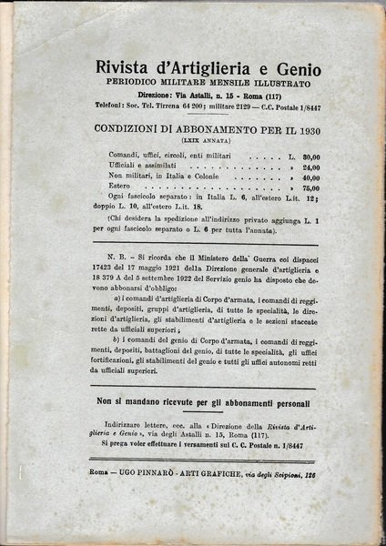 Rivista di Artiglieria e Genio. 69^ annata, fascicolo IX-X, Settembre-Ottobre …