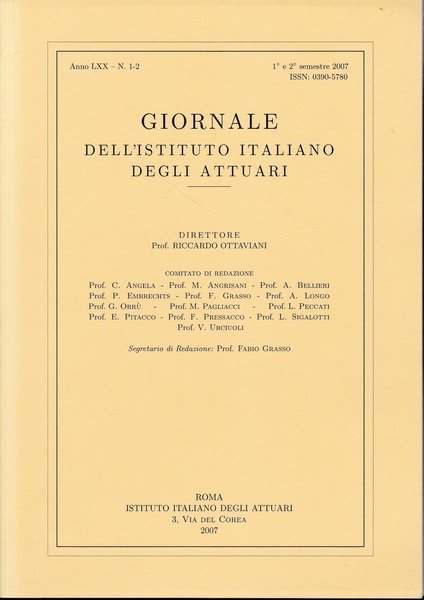 Giornale dell'Istituto Italiano degli Attuari. Anno LXX - n. 1-2, … | Immagine principale