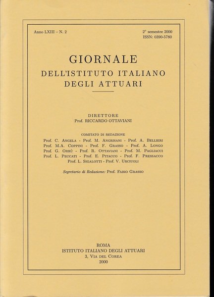 Giornale dell'Istituto Italiano degli Attuari. Anno LXIII - n. 2, … | Immagine principale