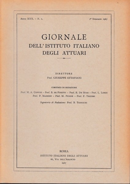 Giornale dell'Istituto Italiano degli Attuari. Anno XXX - n. 2, … | Immagine principale