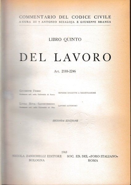 Commentario del Codice Civile, libro quinto. Del lavoro, art. 2188-2246 | Immagine principale