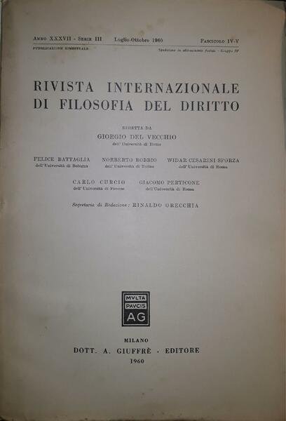 Rivista Internazionale di filosofia del diritto: fascicolo Luglio-ottobre 1960