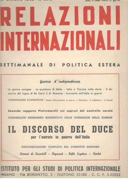 Relazioni Internazionali: settimanale di politica estera. Il discorso del Duce …
