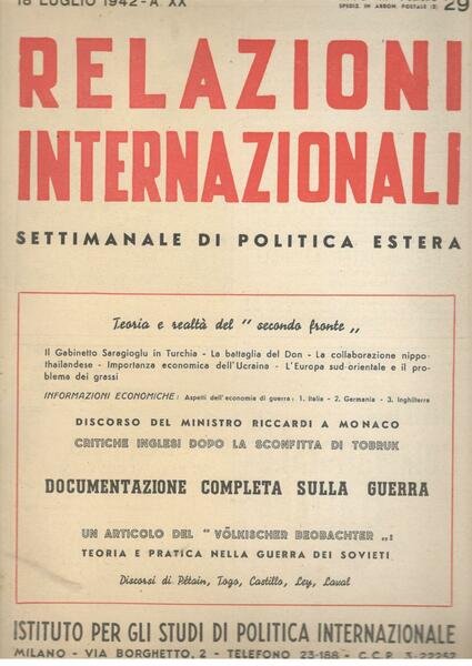 Relazioni Internazionali: settimanale di politica estera. Documentazione completa sulla guerra …