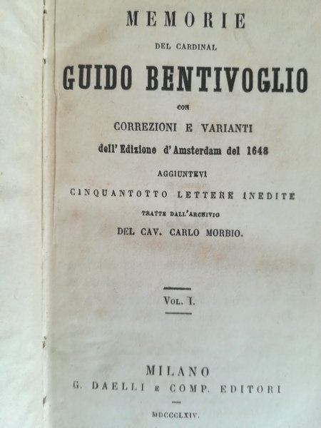 Memorie del Cardinal Guido Bentivoglio con correzioni e varianti dell'Edizione … | Immagine Gallery 1