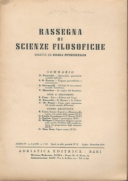 RASSEGNA DI SCIENZE FILOSOFICHE. ANNO IV N. 3-4 1950 N.1 …