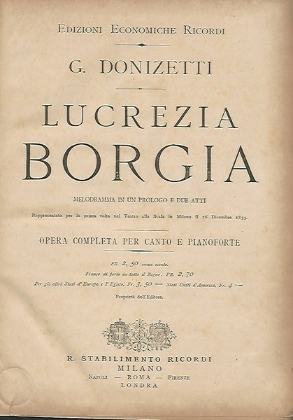 LUCREZIA BORGIA. OPERA COMPLETA PER CANTO E PIANOFORTE | Immagine principale