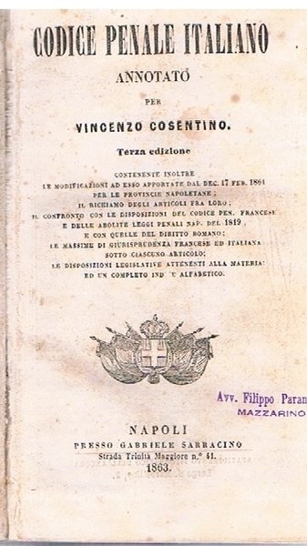 CODICE PENALE ITALIANO ANNOTATO PER VINCENZO COSENTINO | Immagine principale