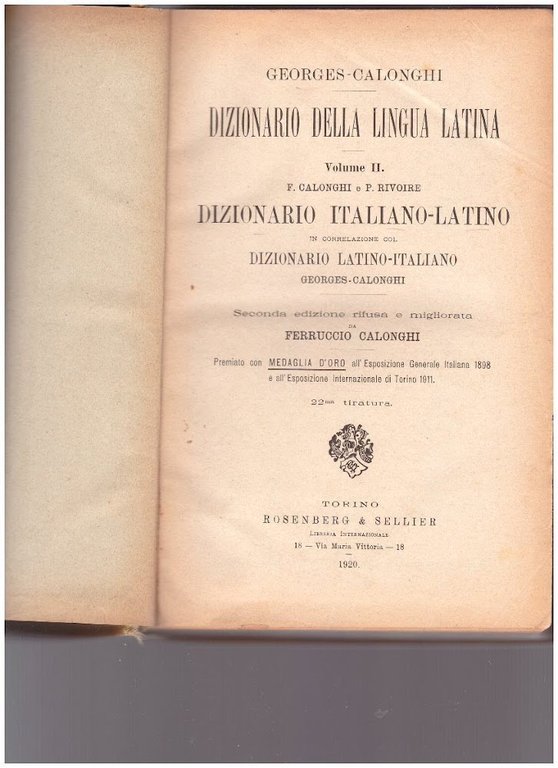 DIZIONARIO DELLA LINGUA LATINA  VOLUME II DIZIONARIO ITALIANO-LATINO