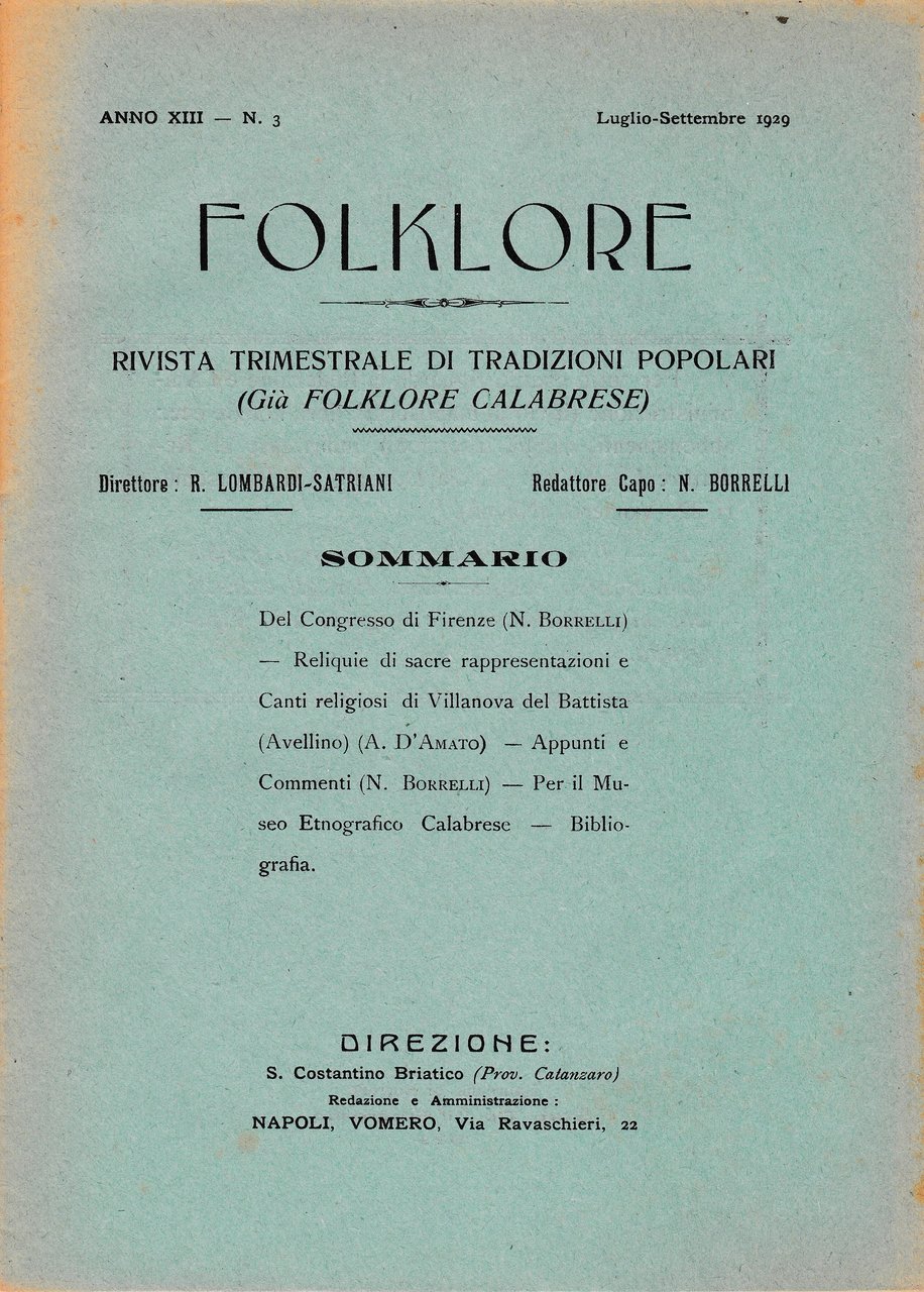 Folklore. Rivista trimestrale di tradizioni popolari. Anno XIII n. 3 … | Immagine principale