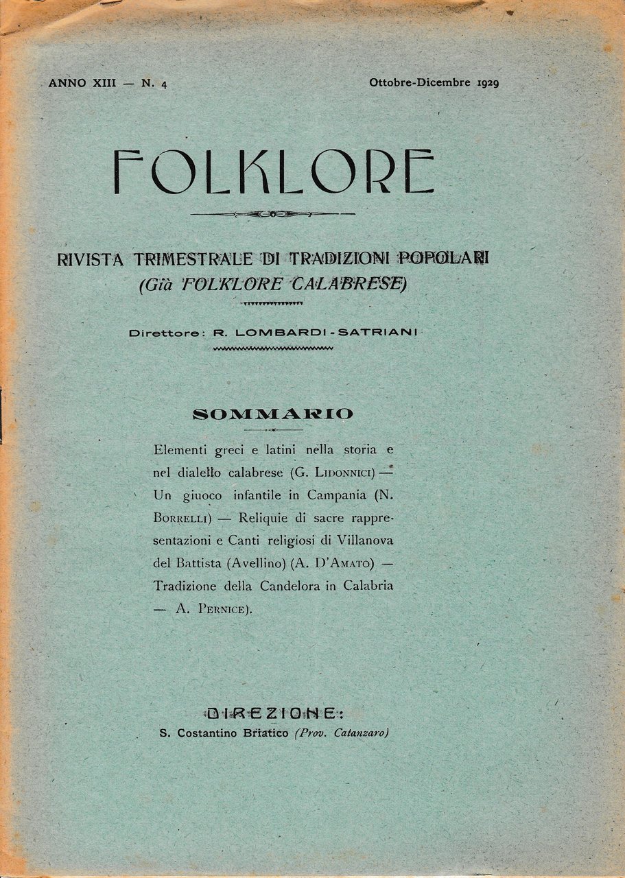 Folklore. Rivista trimestrale di tradizioni popolari. Anno XIII n. 48 … | Immagine principale