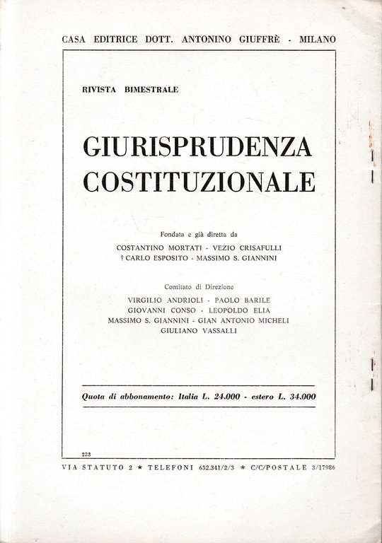 Giurisprudenza Costituzionale. Anno XIX - 1974 - fasc. 1-2 (estratto)