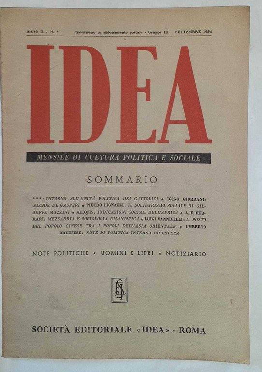Idea. Mensile di cultura politica e sociale. Anno X-N.9